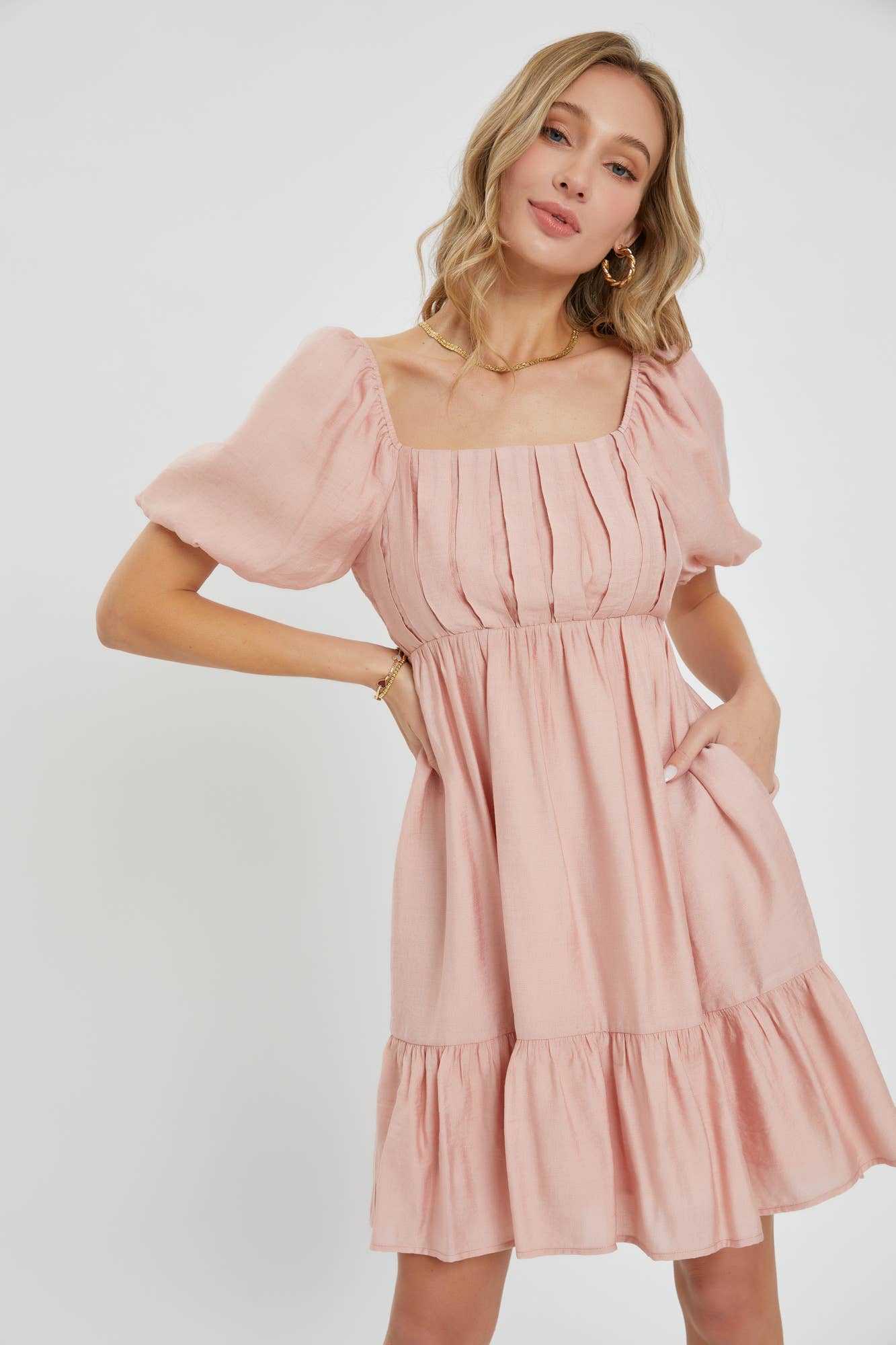 Riley Pleated Tie Back Mini Dress ~ Nude Blush