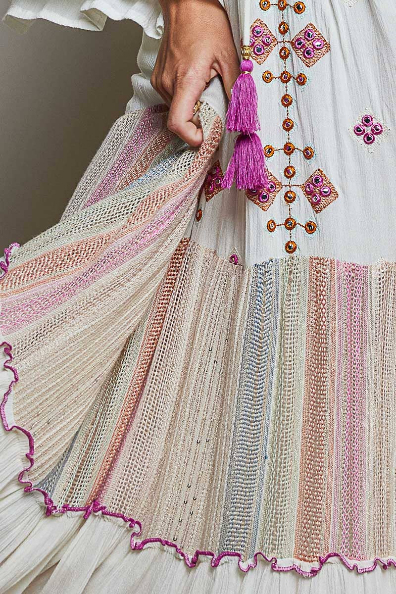 Boho V-Neck Tassel Merrow Edge Cotton Tiered Dress ~ Ivory