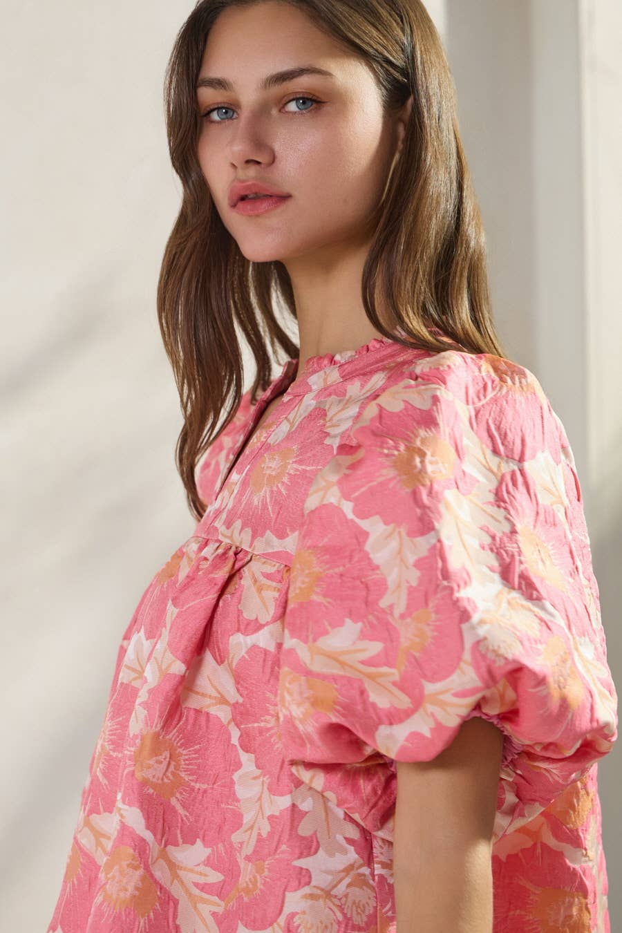 Farrah Floral Satin Weave Jacquard Top ~ Pink Coral