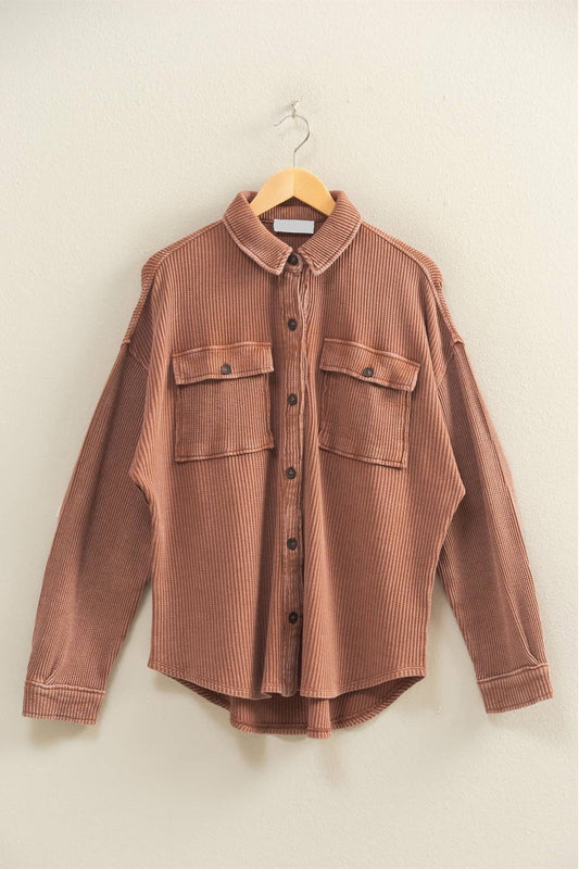 Oakley Mineral Washed Waffle Shacket ~ Chestnut