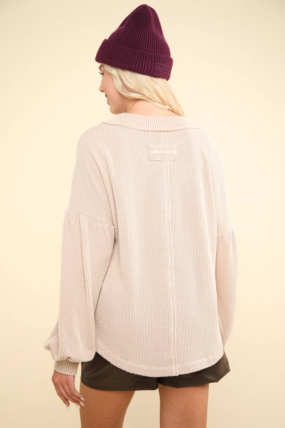 Tessa Two Tone Otto Ribbed V-Neck Oversized Knit Top ~ Oatmeal