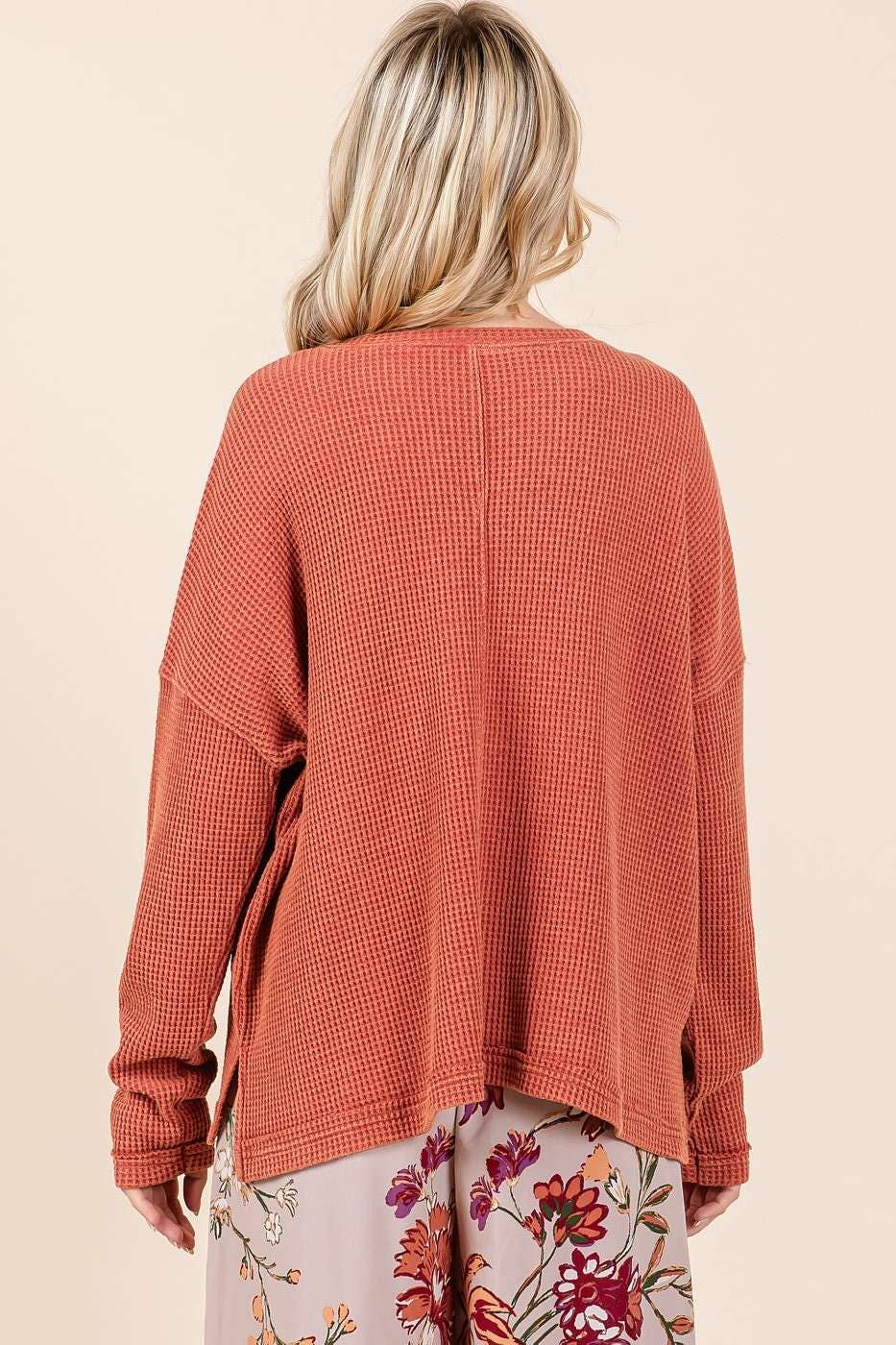 Myra Mineral Wash Cutout Pocket Waffle Top ~ Rust
