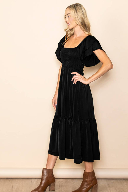 Sloane Satin Flowy Flutter Sleeve Smocked Dress