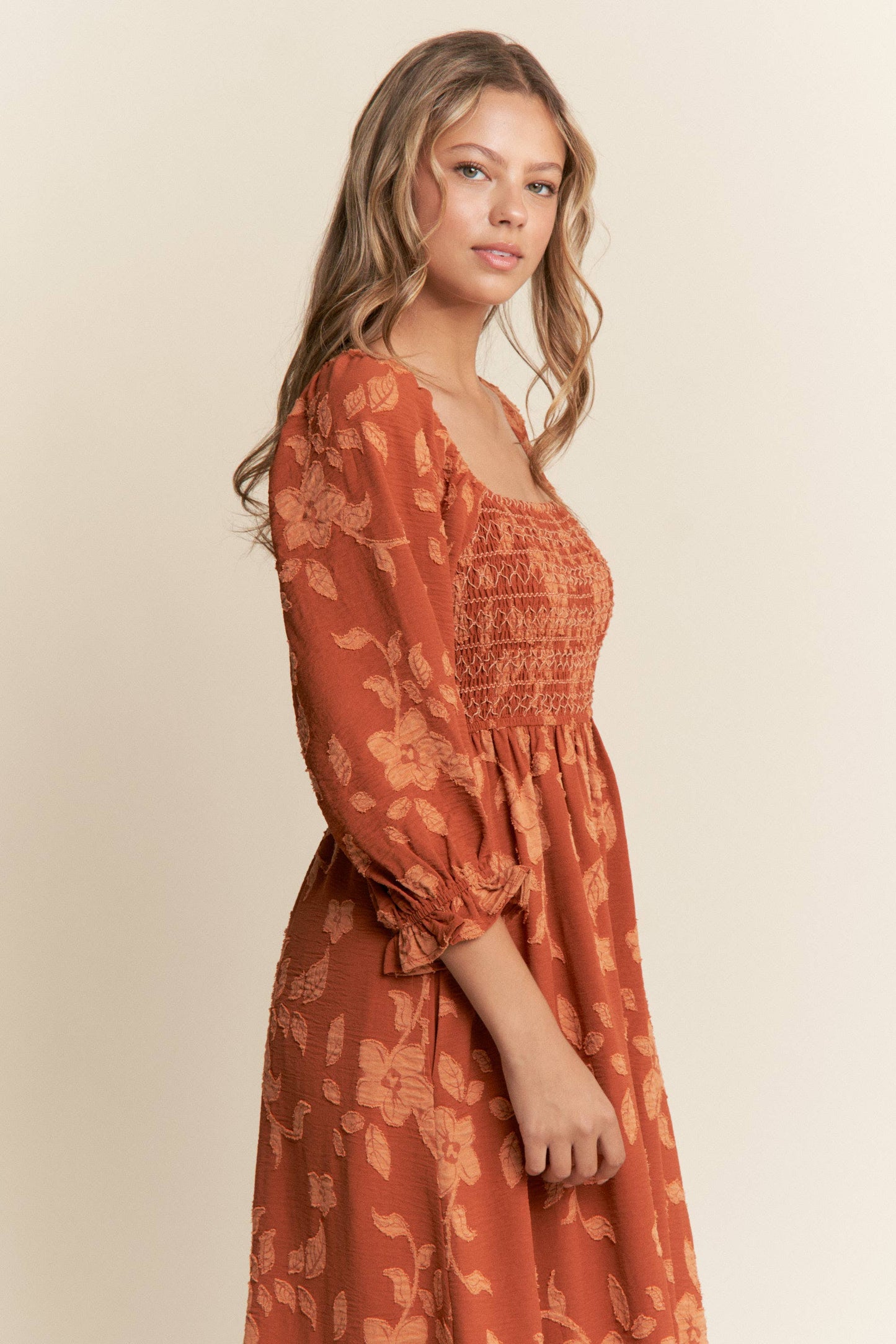 Felicity Floral Smocked Bodice Maxi Dress ~ Brick