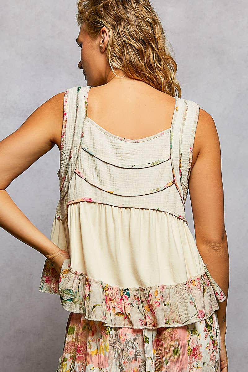 POL Jersey Floral Trim Boho Tank Top ~ Natural