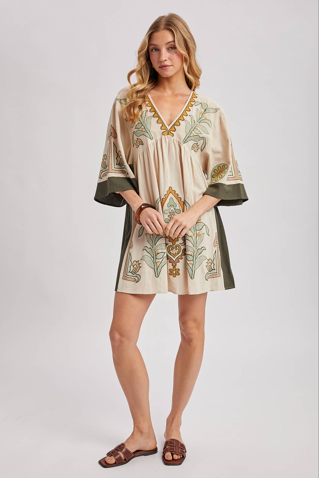 Blair Boho Embroidered V Neck Dress ~ Oatmeal