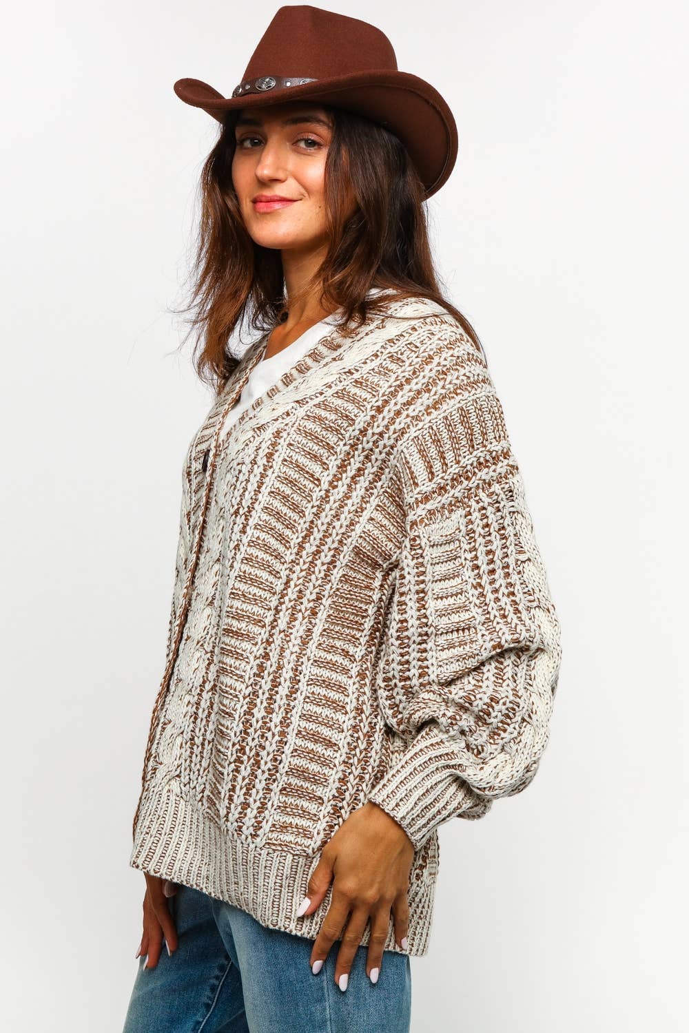 Tessa Two Tone Cable Chunky Sweater Cardigan ~ Oatmeal/Taupe