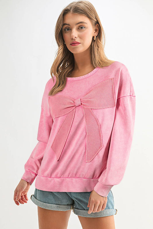 Marrisa Mineral Wash Big Bow Patch Top ~ Pink