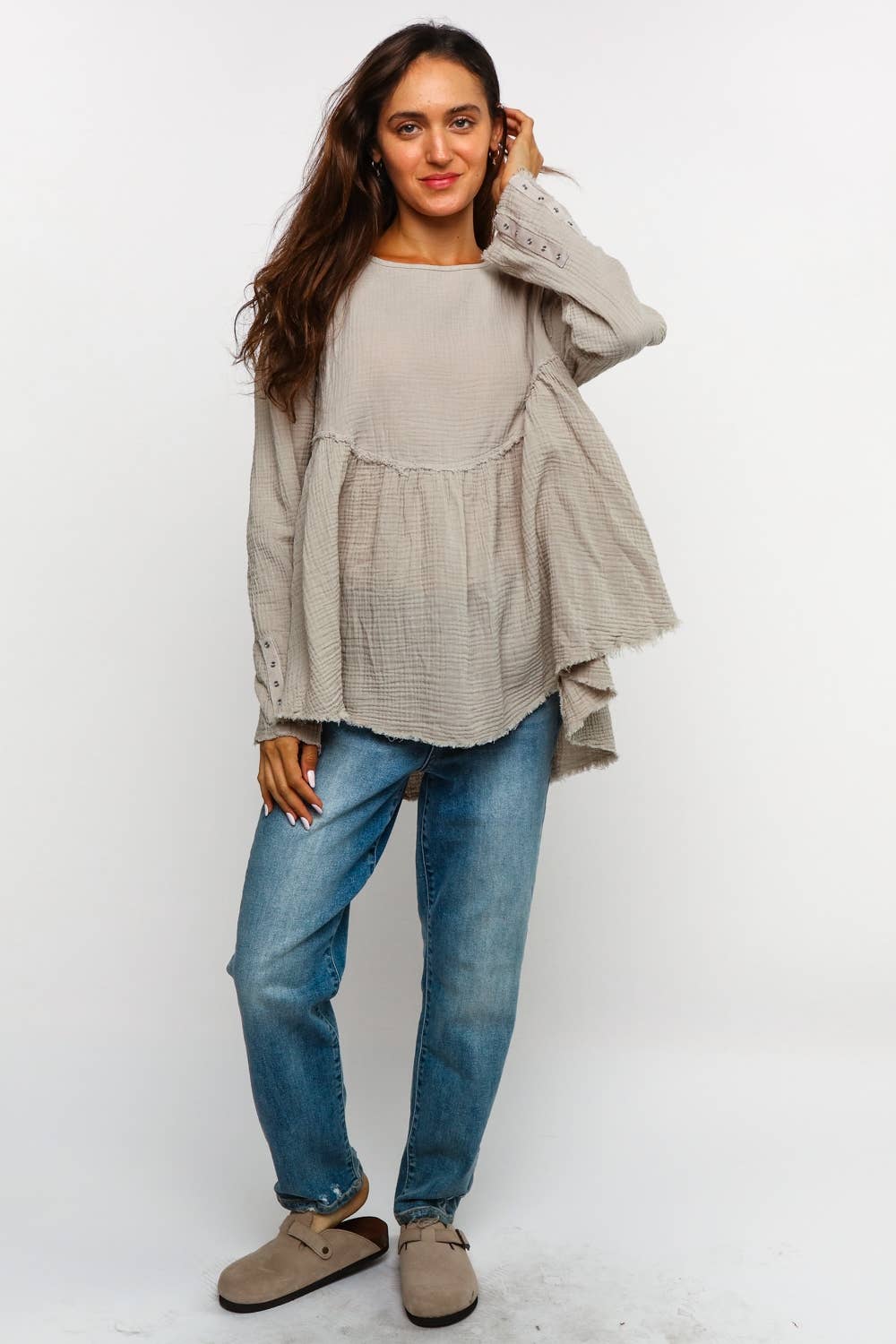 Carrie Cotton Gauze Babydoll Top ~ Silver