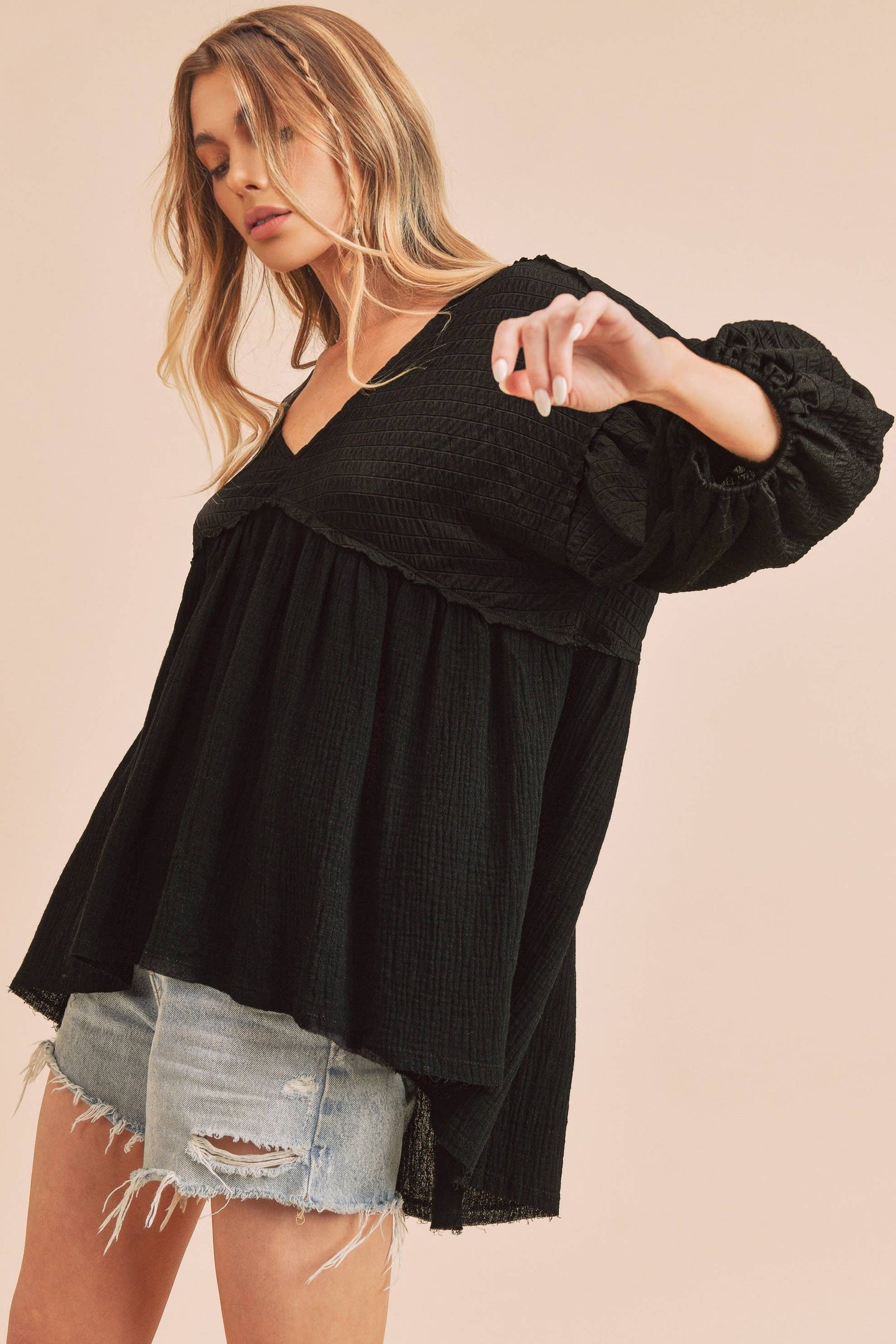 Natalie 3/4 Sleeve Babydoll Top ~ Black