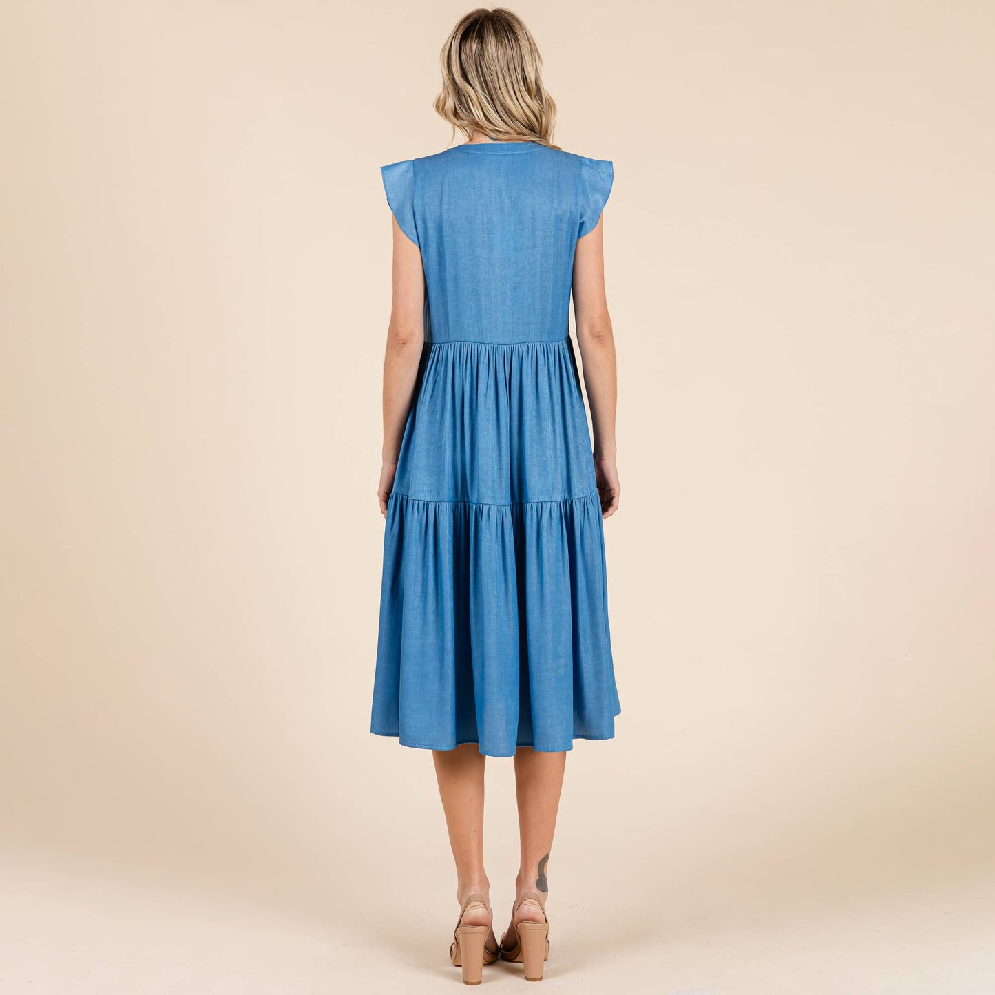 Terry Tiered Flutter Sleeve Midi Dress ~ Chambray