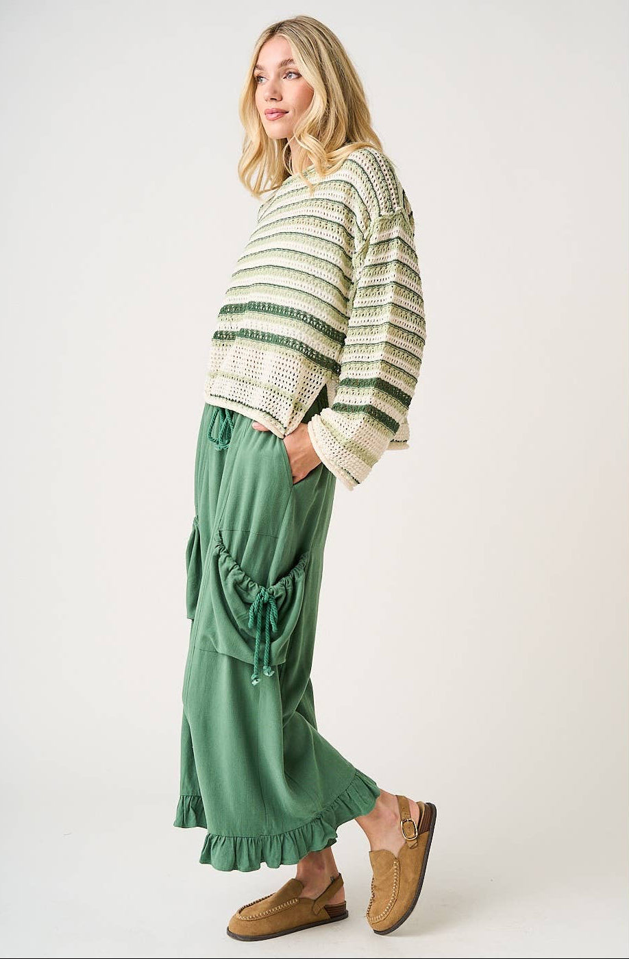 Rachel Ruffle Hem Drop Pocket Ankle Wide Leg Pants ~ Green