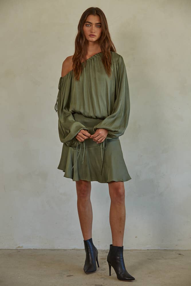 Sadie Satin Off the Shoulder Mini Dress ~ Olive