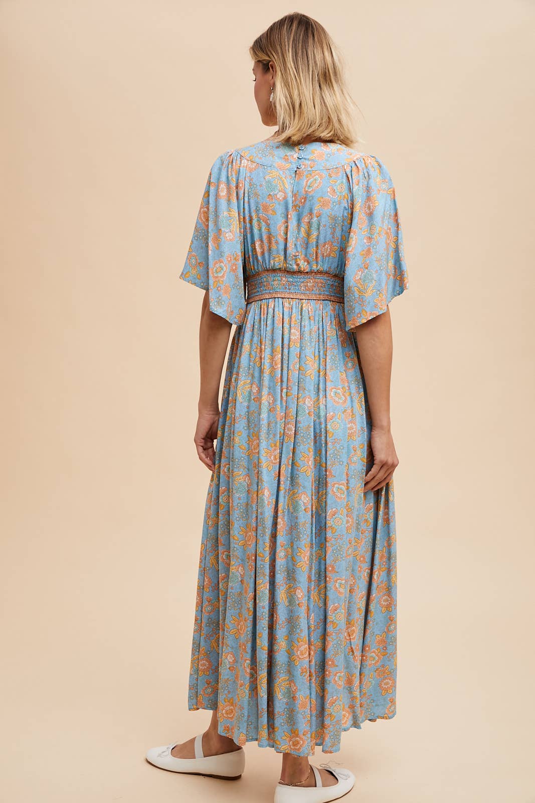 Violet Border Print Flutter Sleeve Maxi Dress ~ Dusty Blue