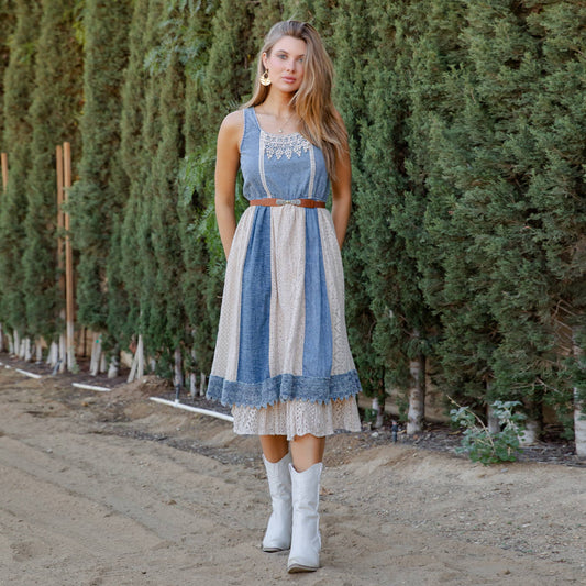 Betty Boho Western Denim & Lace Panel Midi Dress - Latte