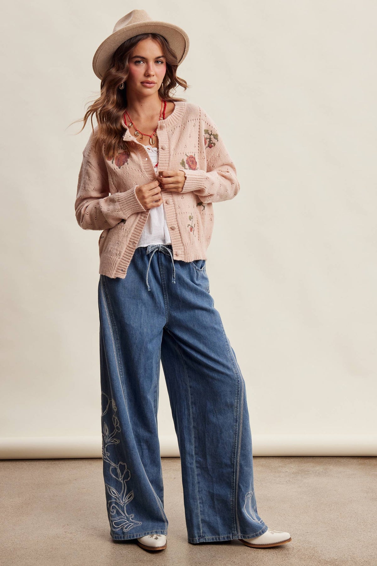 Emma Embroidered Wide Leg Denim Pants ~ Sunwash Blue