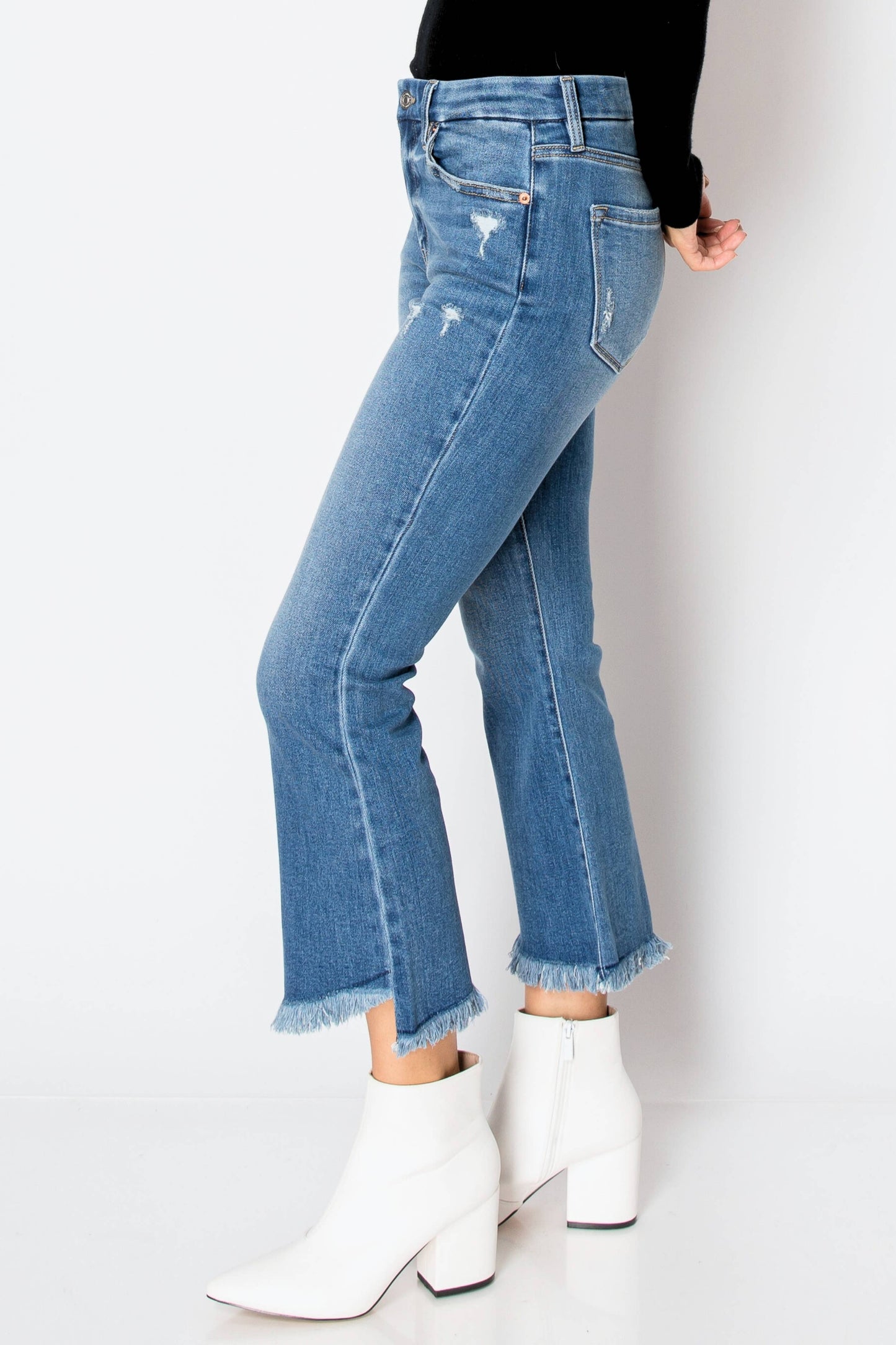 ‘’The Leo” Eco Friendly Corset High Rise Crop Flare Denim Jeans ~ Medium Wash