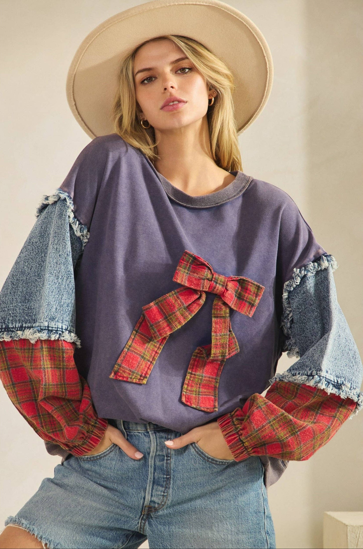 Pamela Plaid Bow Denim Sleeve Pullover ~ Navy