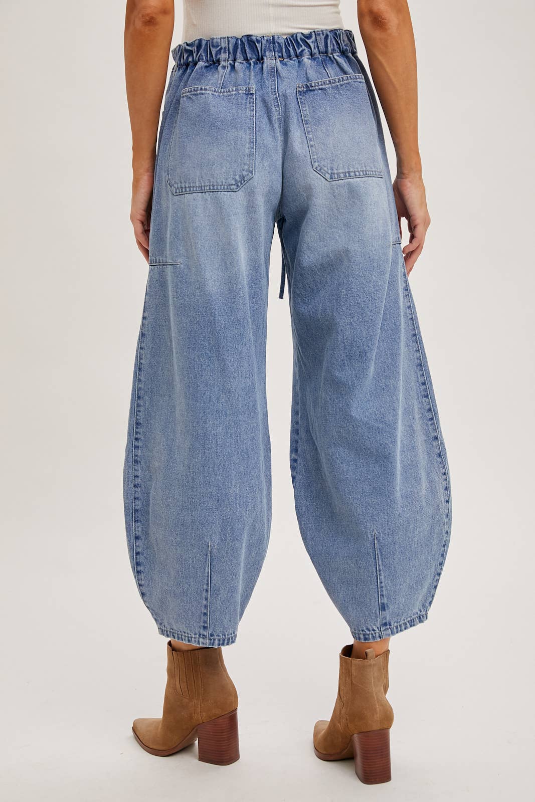 Maya Mid Rise Drawstrings Barrel Jeans ~ Light Denim