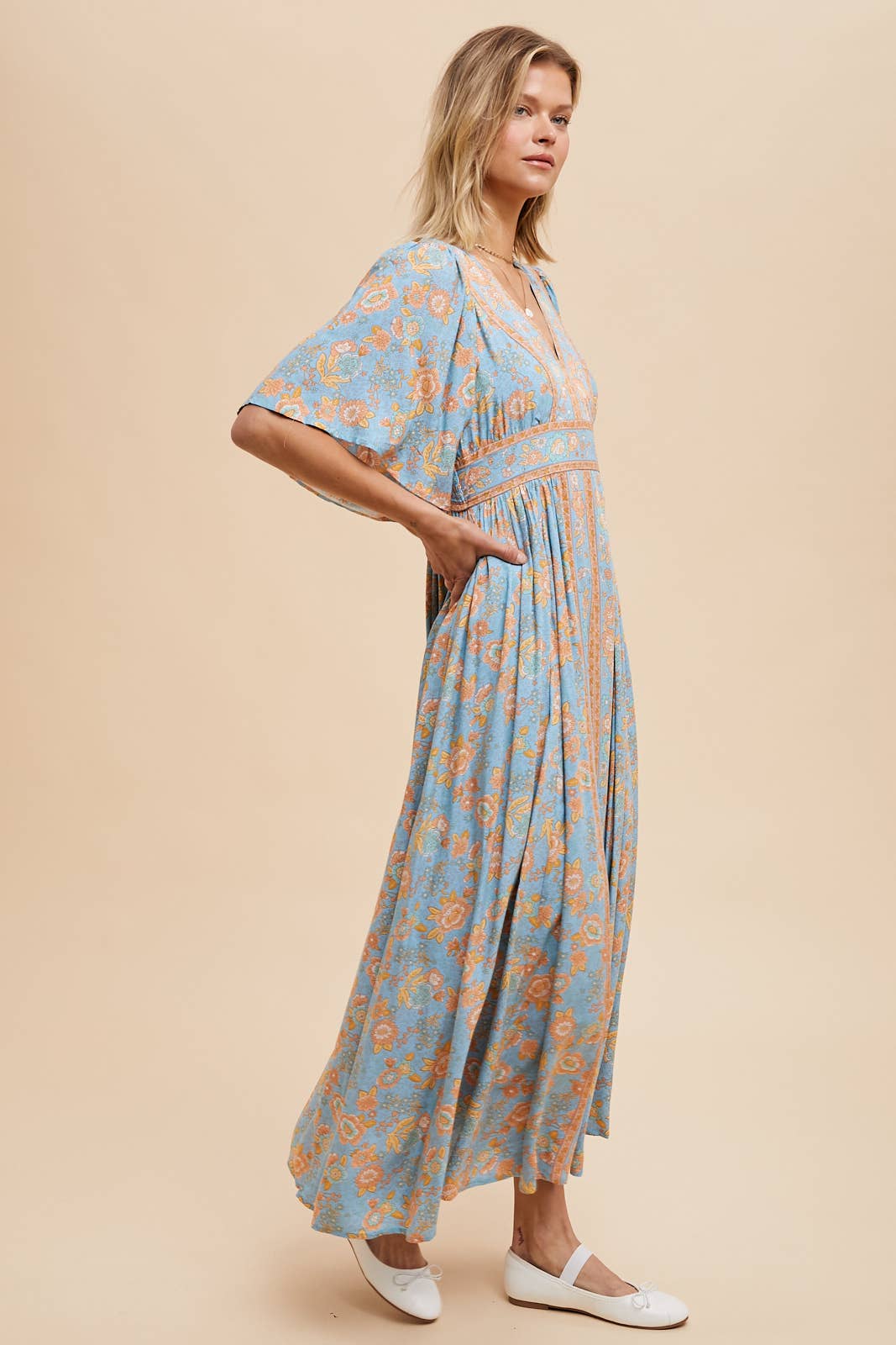 Violet Border Print Flutter Sleeve Maxi Dress ~ Dusty Blue