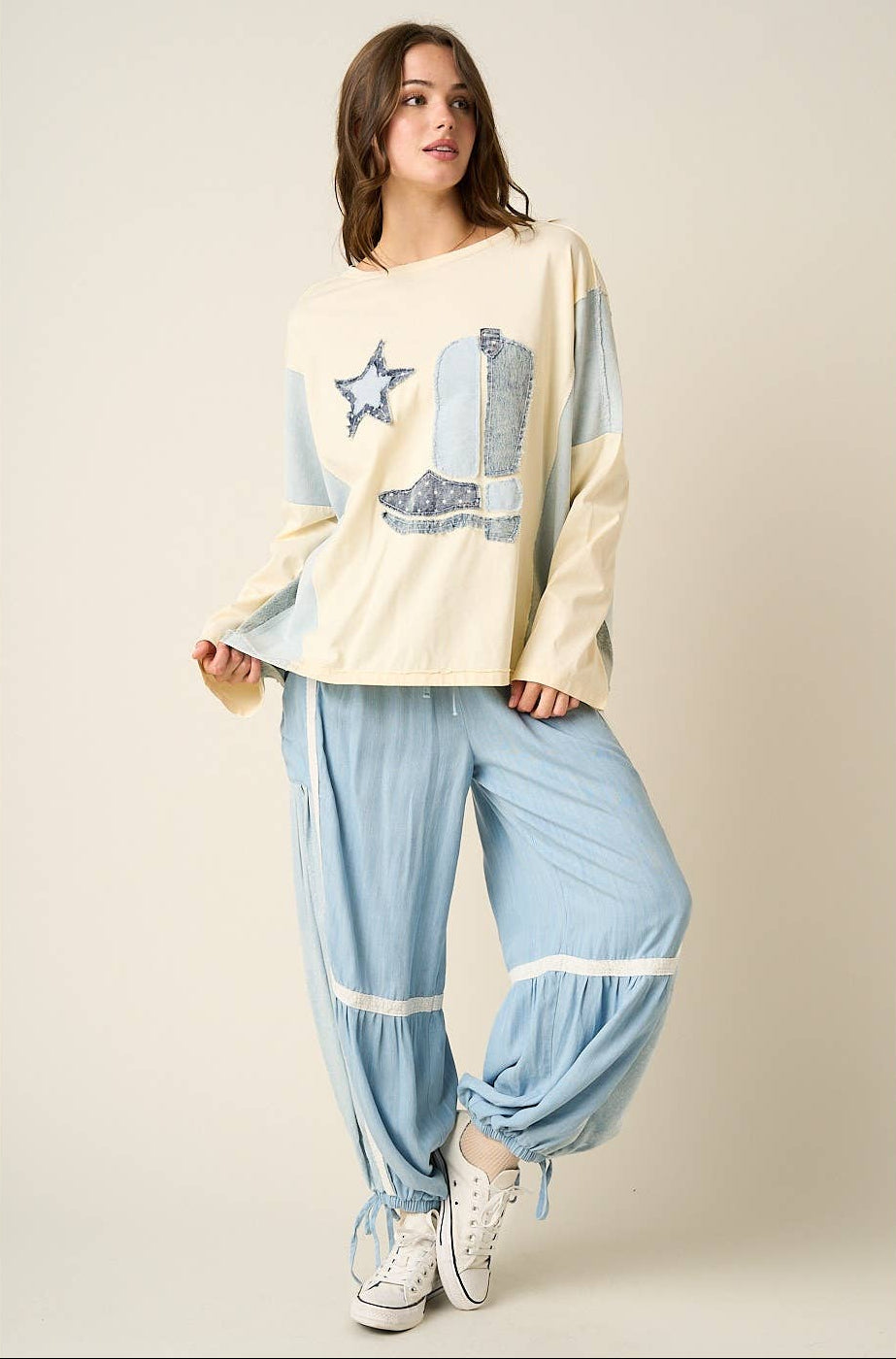 Demi Denim Star & Boot Patch Top ~ Cream