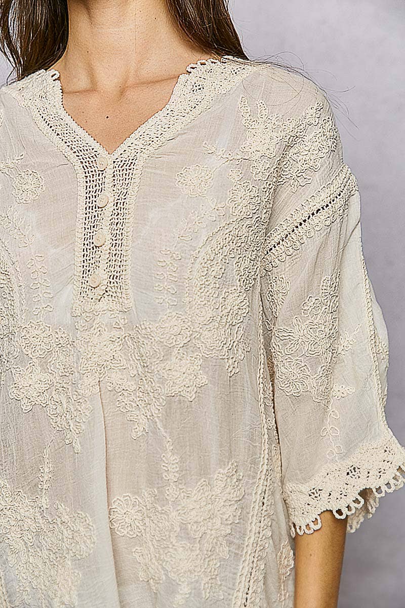 Veronia V-Neck Floral Embroidered Crochet Blouse Top ~ Natural