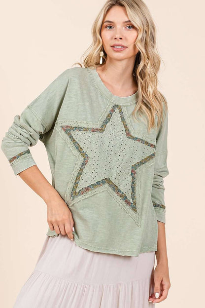 Avery Mineral Wash Star Patch Top ~ Sage