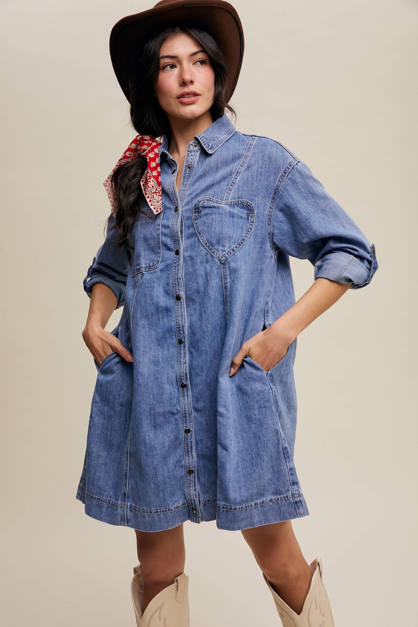 Dana Denim Heart-Pocket Shirt Dress ~ Daylight Denim