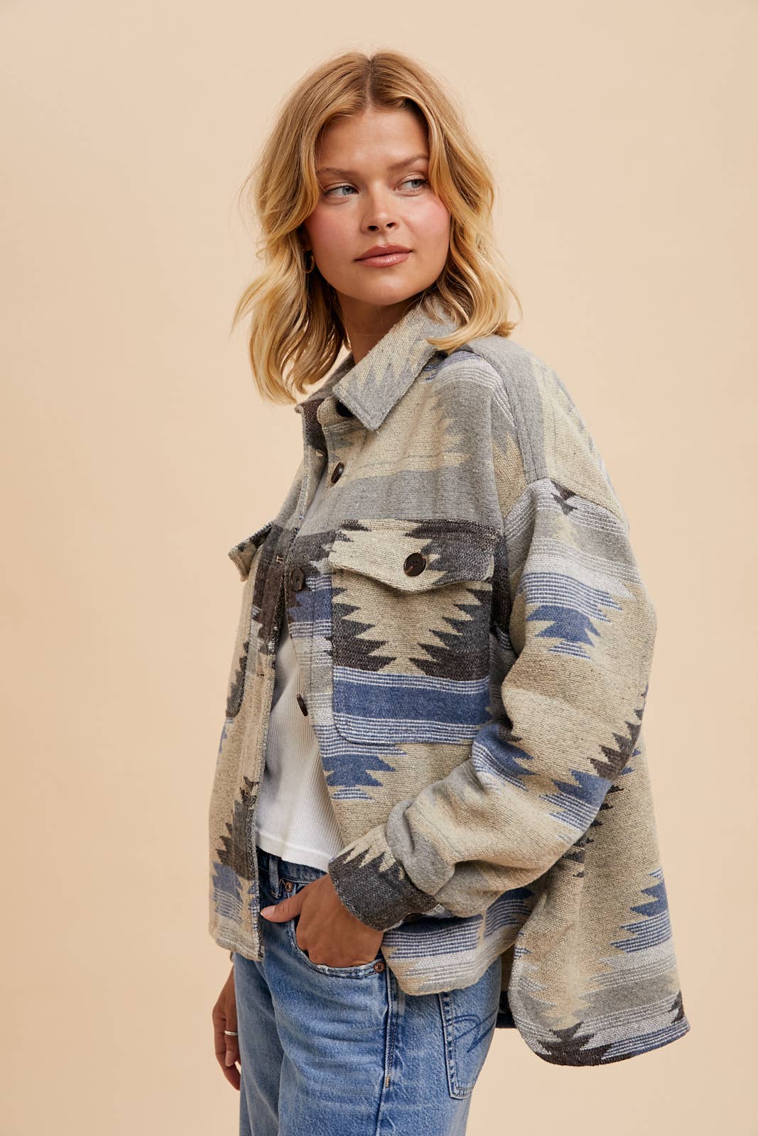 Avery Aztec Print Shacket ~ Indigo Beige