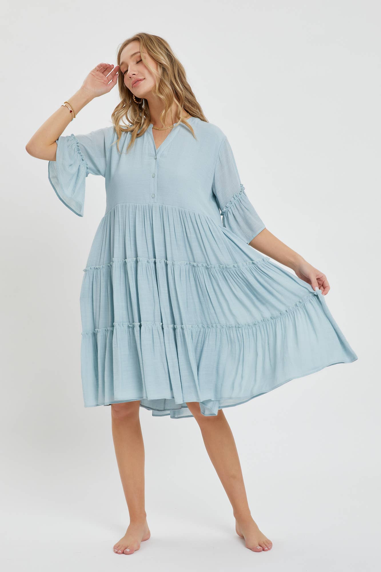 Theo Tiered Shirt Dress ~ Misty Blue