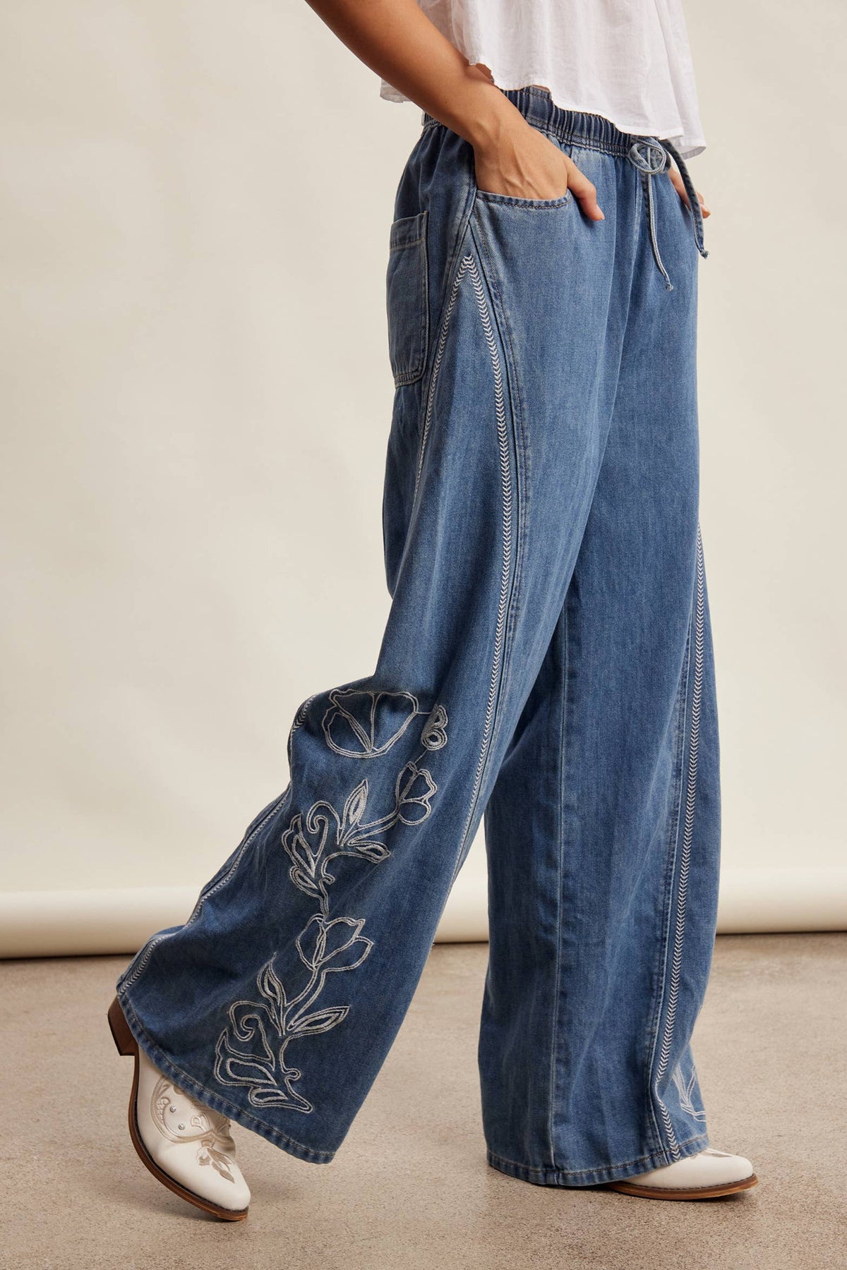Emma Embroidered Wide Leg Denim Pants ~ Sunwash Blue