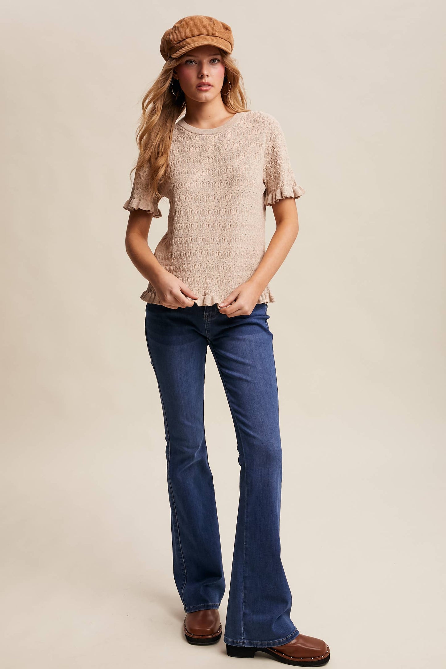 Raquel Ruffle Hem Textured Knit Top ~ Oatmeal