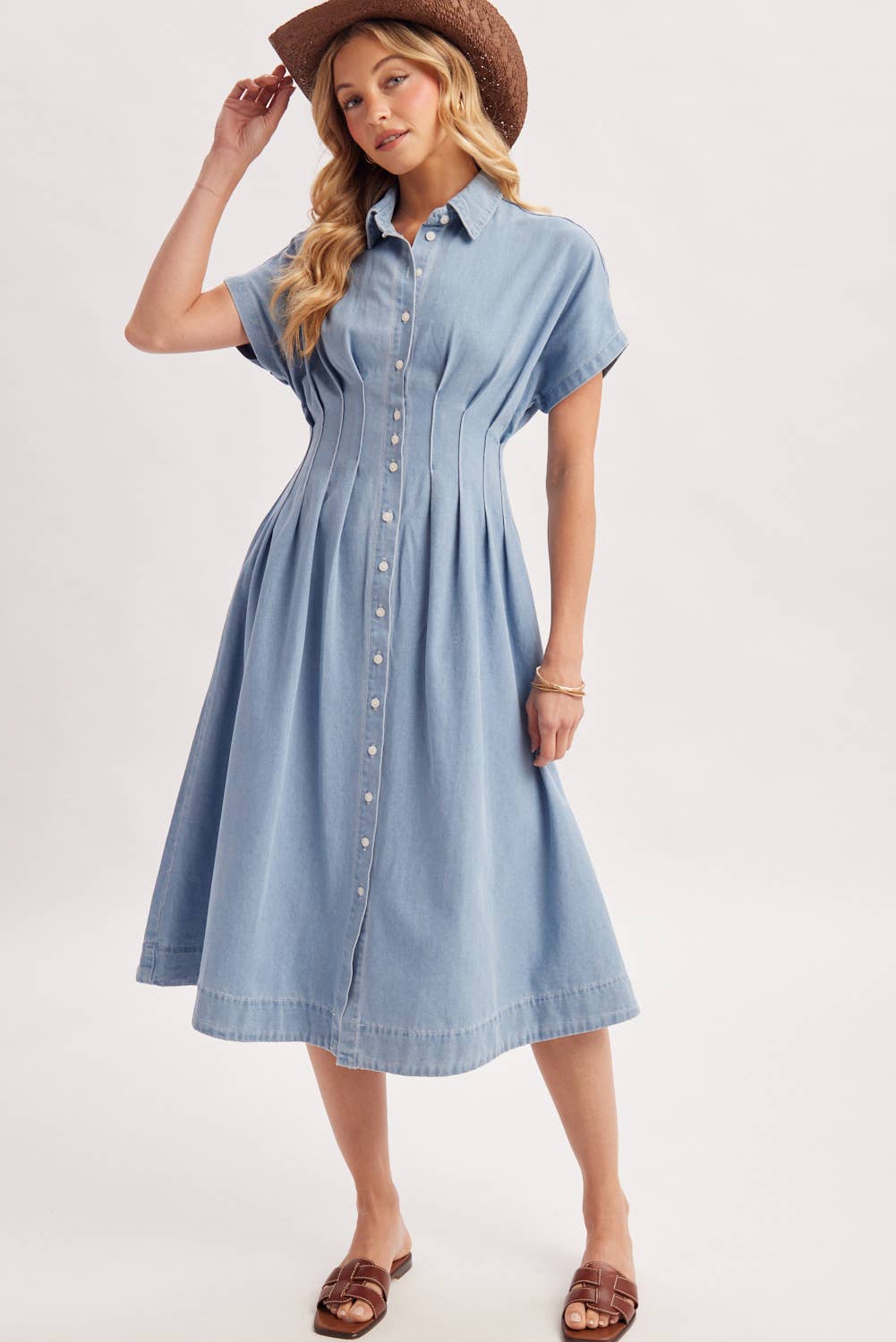 Bailey Pleated Waist Button Down Shirt Dress ~ Light Denim