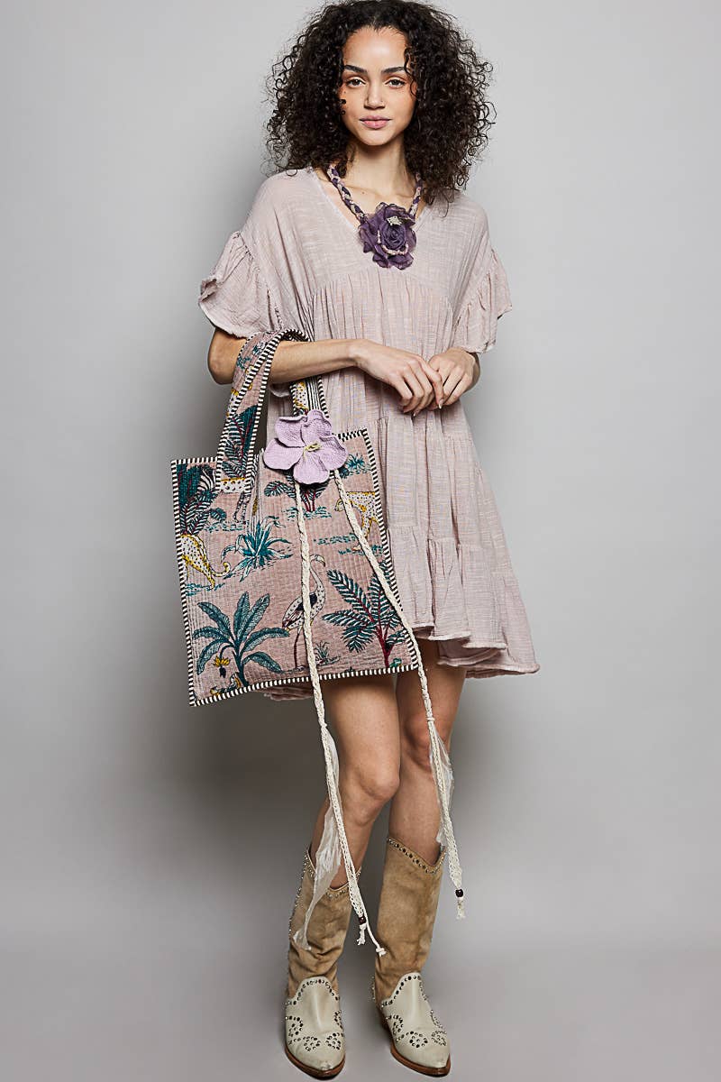 Fiona Feminine V-neck Ruffle Shirring Detail Dress ~ Blush