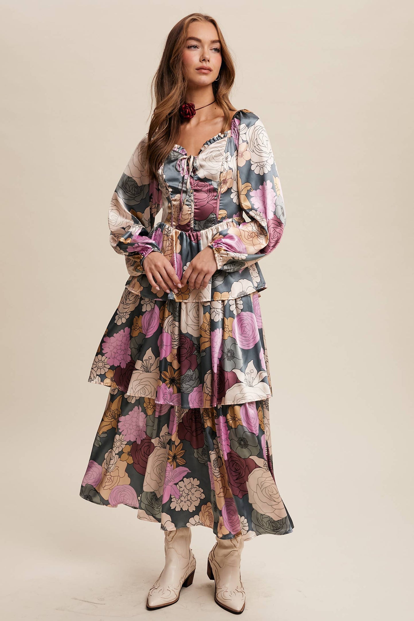 Felicia Floral Lace-Up Tiered Maxi Dress ~ Teal