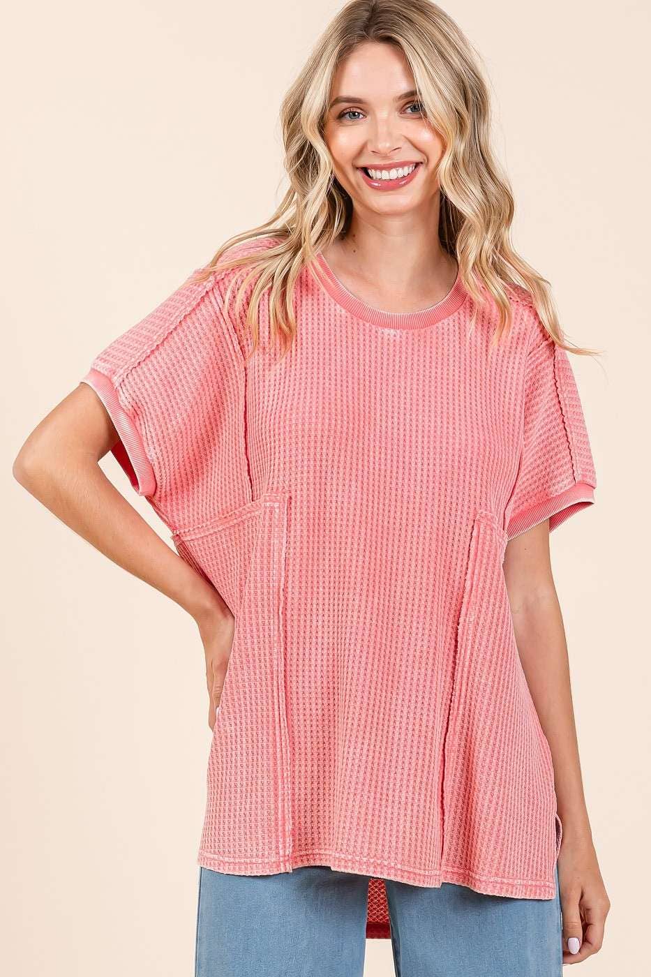 Ella Mineral Wash Waffle Knit Tunic Top ~ Coral