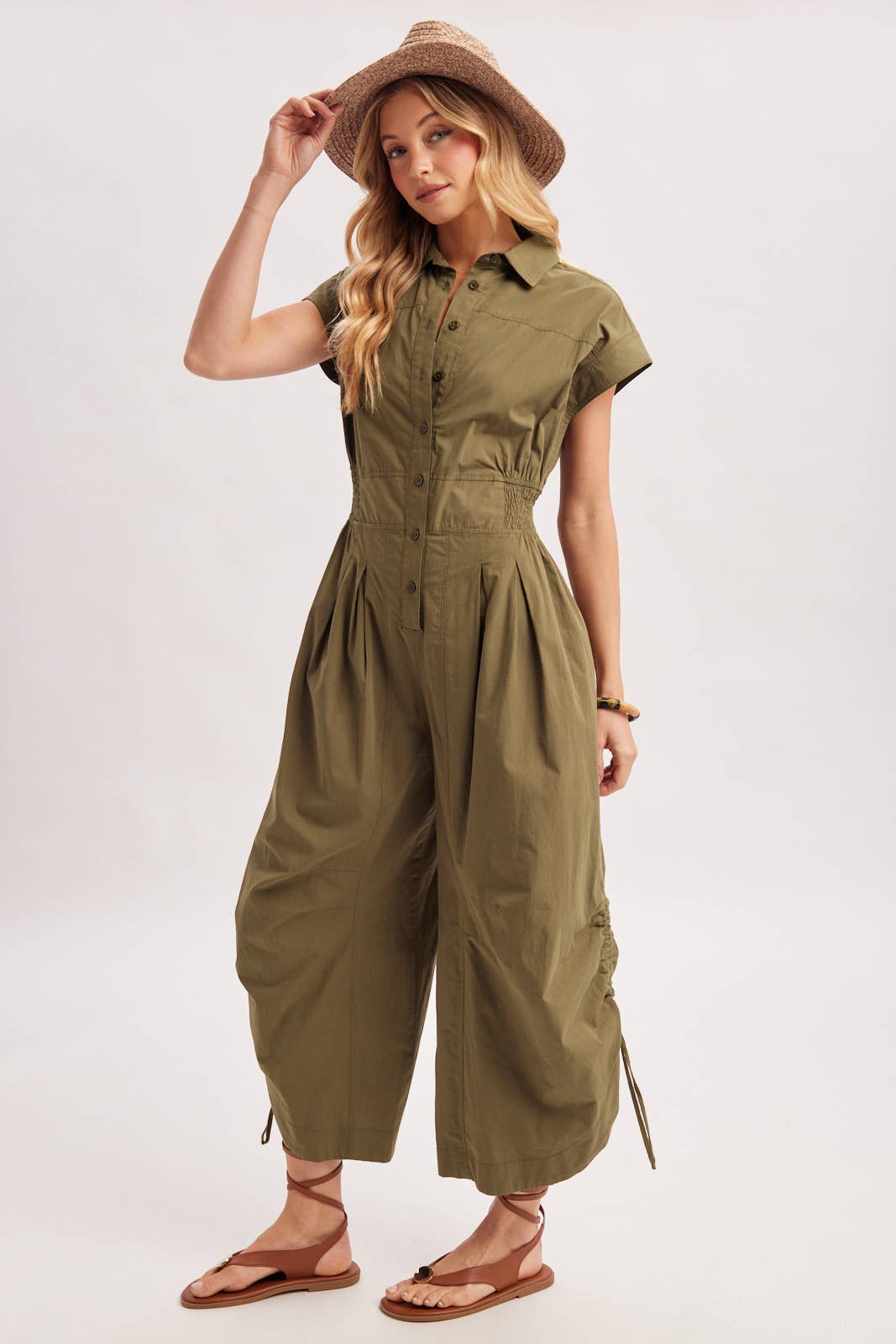 Megan Button Down Utility Jumpsuit ~ Olive