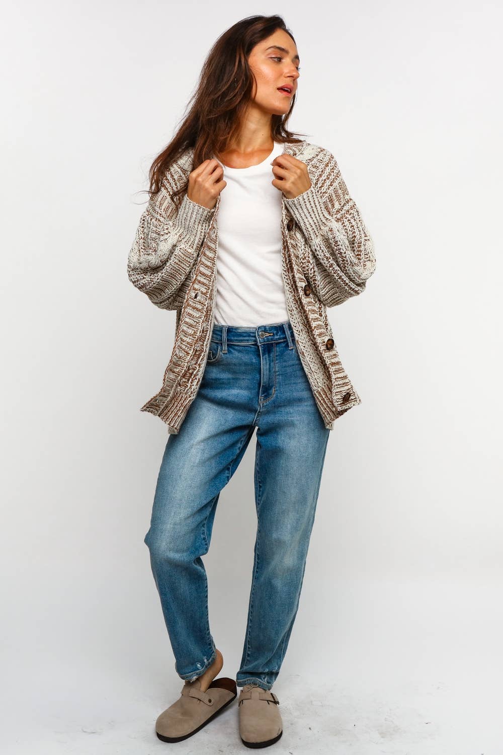 Tessa Two Tone Cable Chunky Sweater Cardigan ~ Oatmeal/Taupe