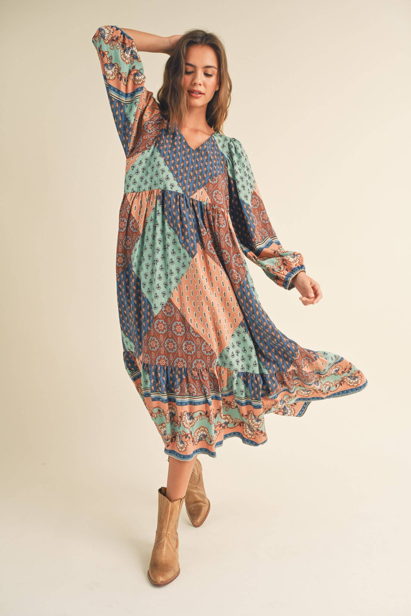 Amelia Border Print Balloon Sleeve Midi Dress ~ Multi