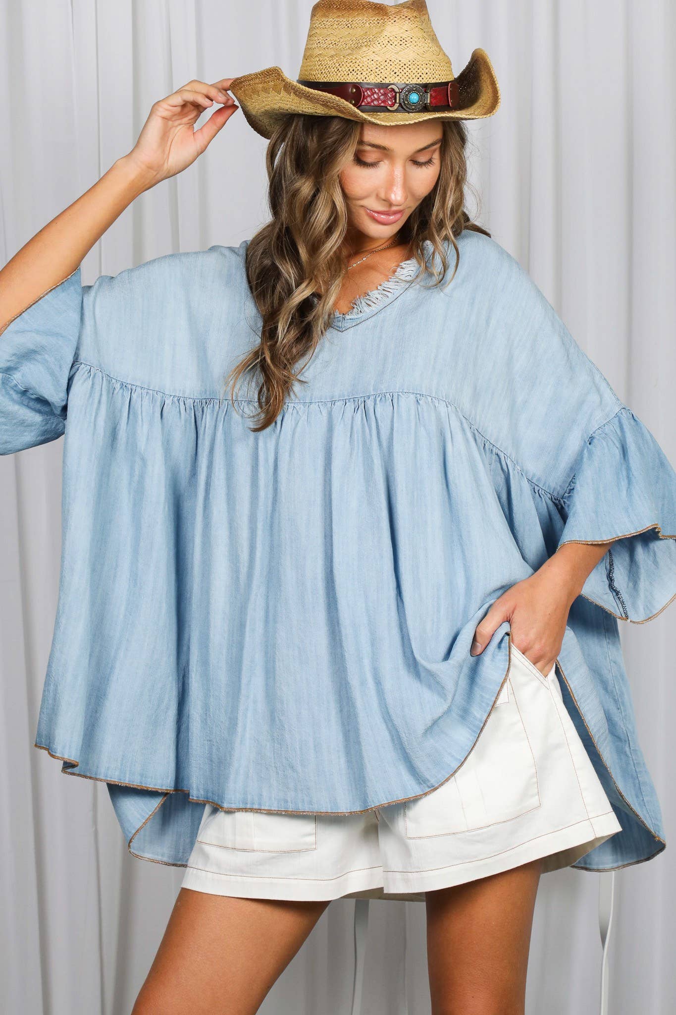 Tia V-Neck Ruffled Tencel Chambray Loose Top ~ Light Denim