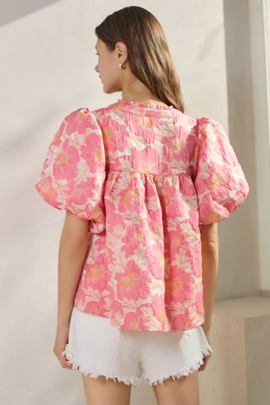 Farrah Floral Satin Weave Jacquard Top ~ Pink Coral