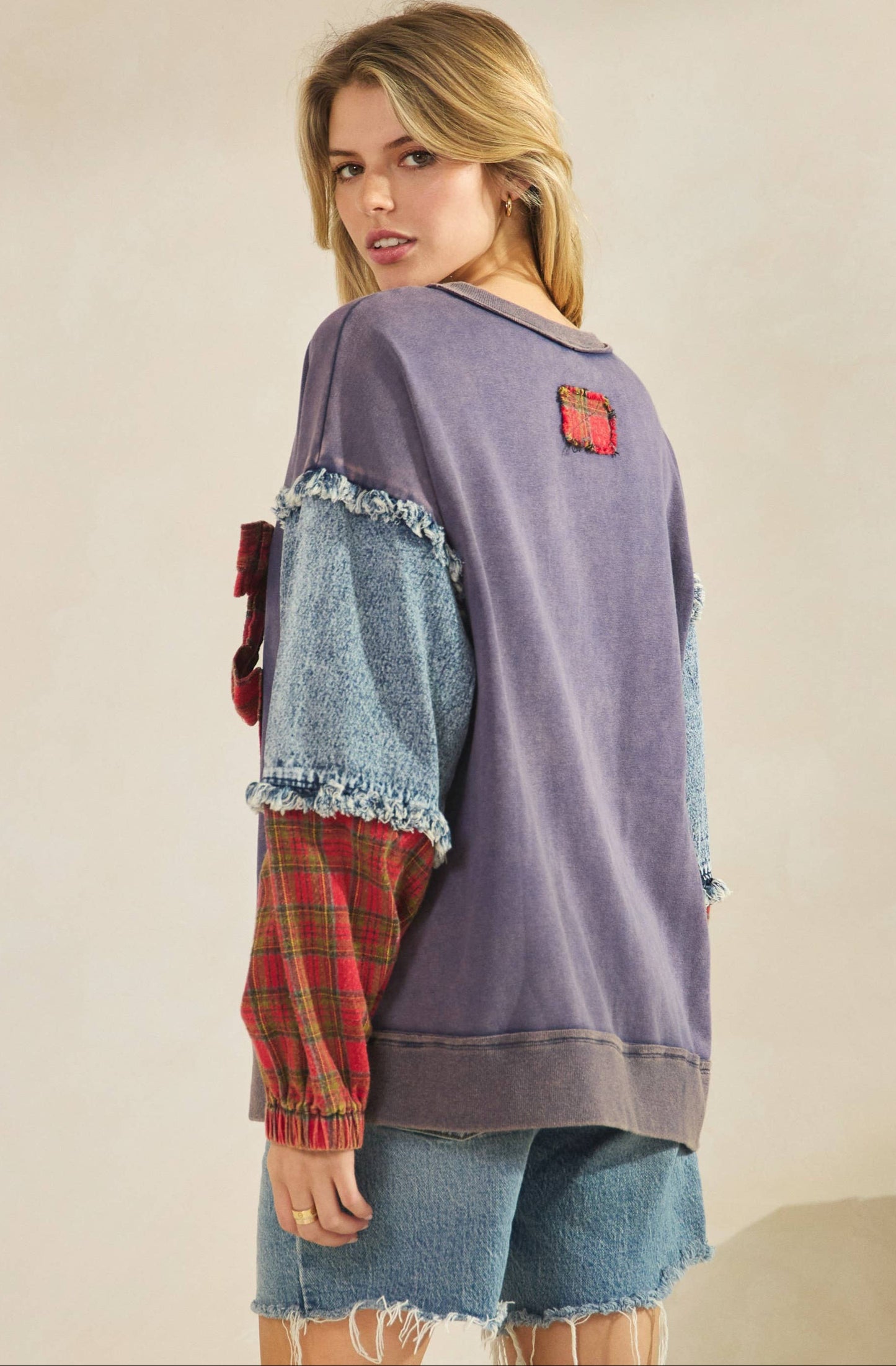 Pamela Plaid Bow Denim Sleeve Pullover ~ Navy