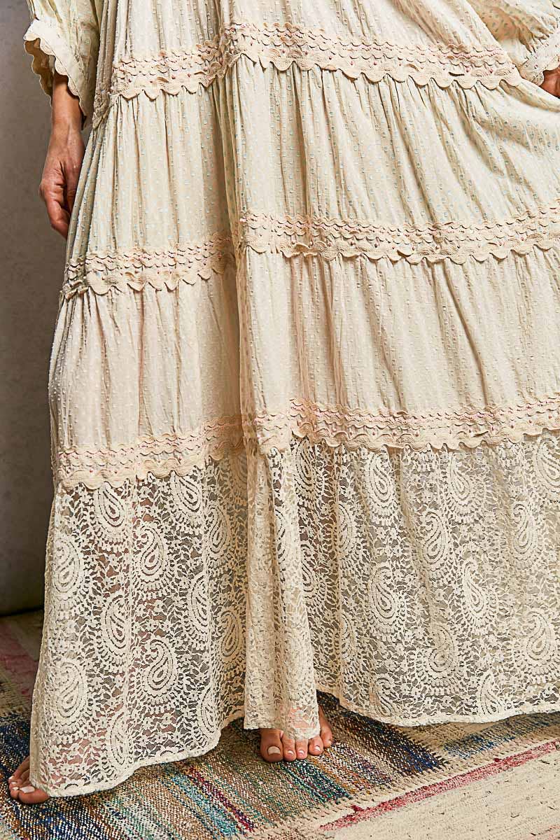 Sidney 3/4 Sleeves Embroidered Lace Romantic Maxi Dress ~ Natural