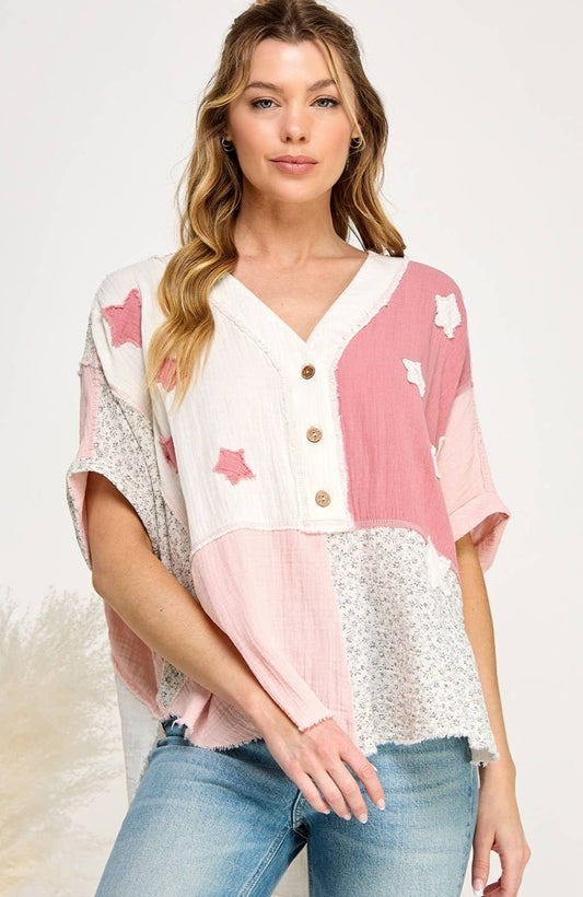 Whimsical Patchwork Star Color Block Top ~ Mauve