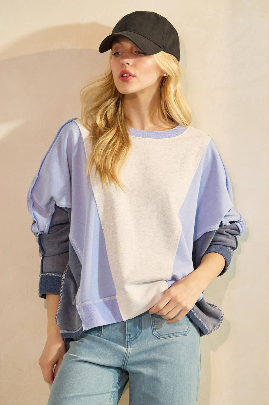 Dolly Mineral Wash Color Block Doman Sleeve Pullover ~ Blue