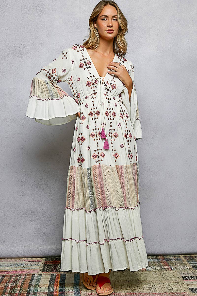 Boho V-Neck Tassel Merrow Edge Cotton Tiered Dress ~ Ivory