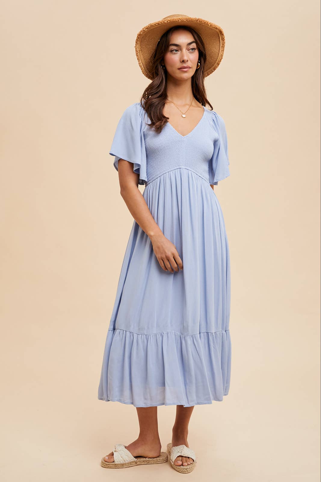 Sofia Smocked Flutter Sleeve Midi Dress ~ Light Blue
