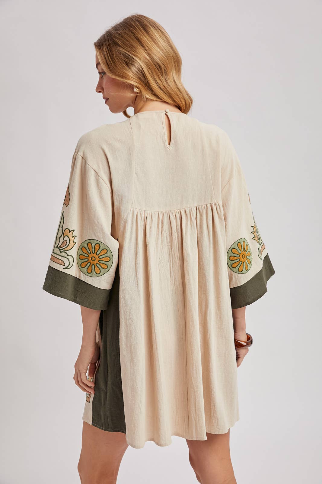Blair Boho Embroidered V Neck Dress ~ Oatmeal