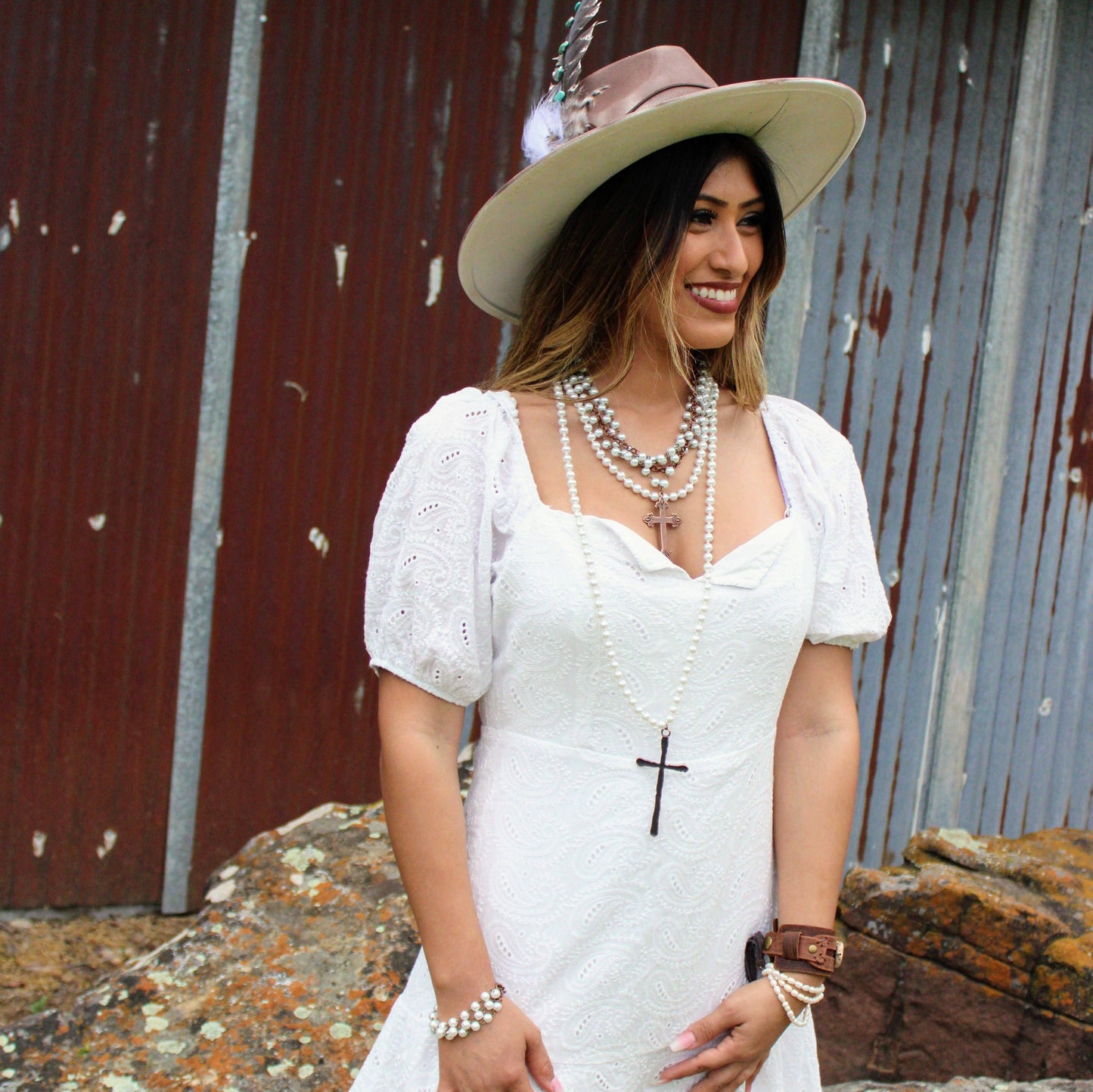Pearl & Copper Beaded Cross Necklace