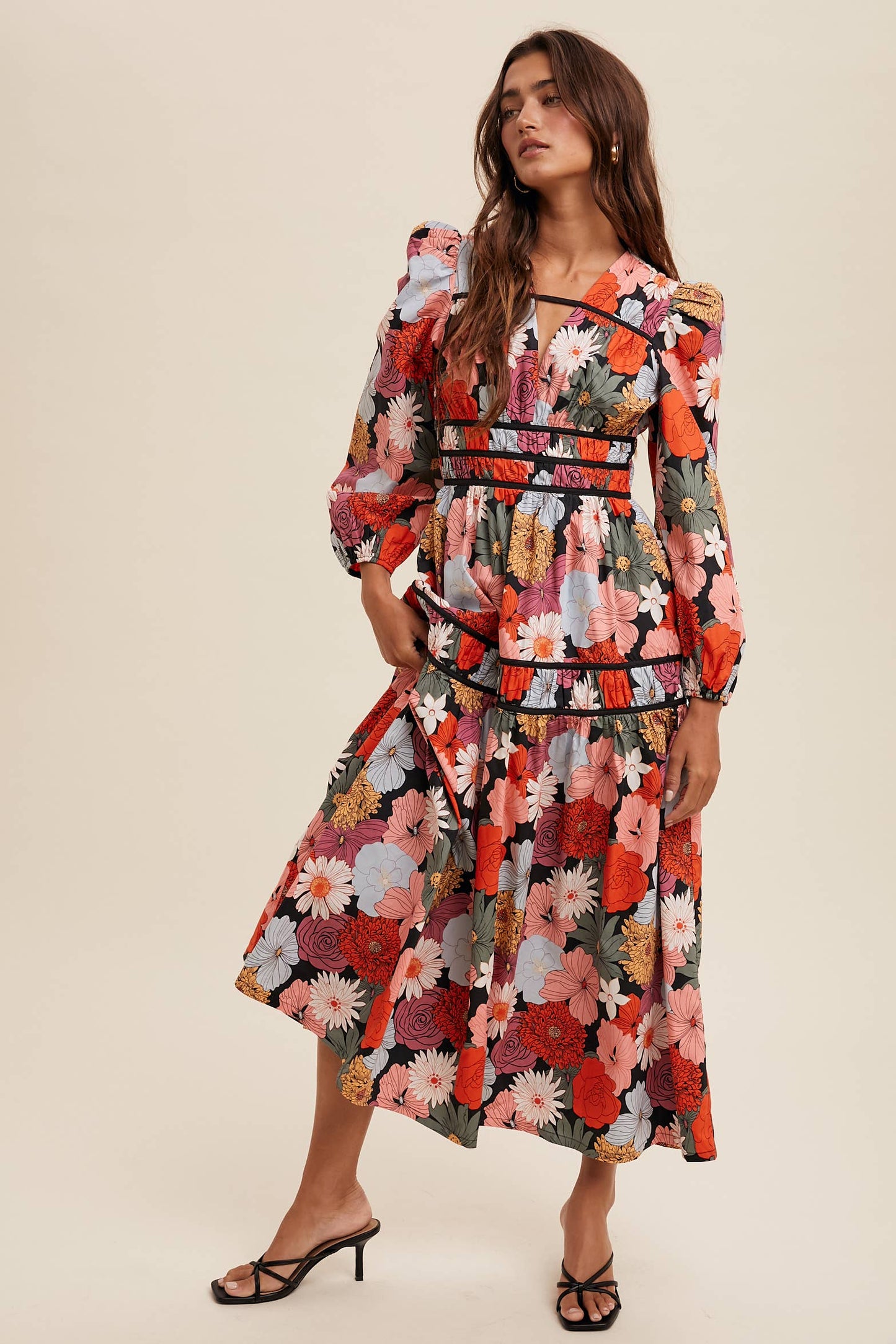 Sidney Floral Puff Sleeve Midi Dress ~ Red
